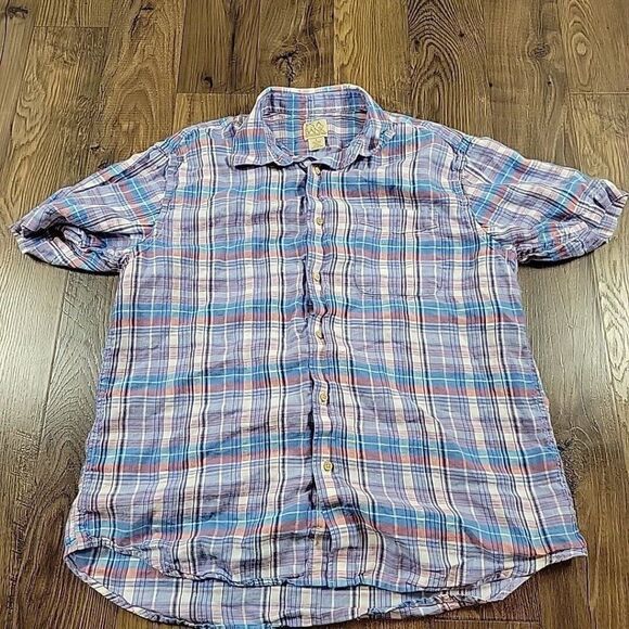 Jos A Bank Shirt Mens Large 100% Linen Plaid Button Up Short Sleeve Colorful - Picture 1 of 7